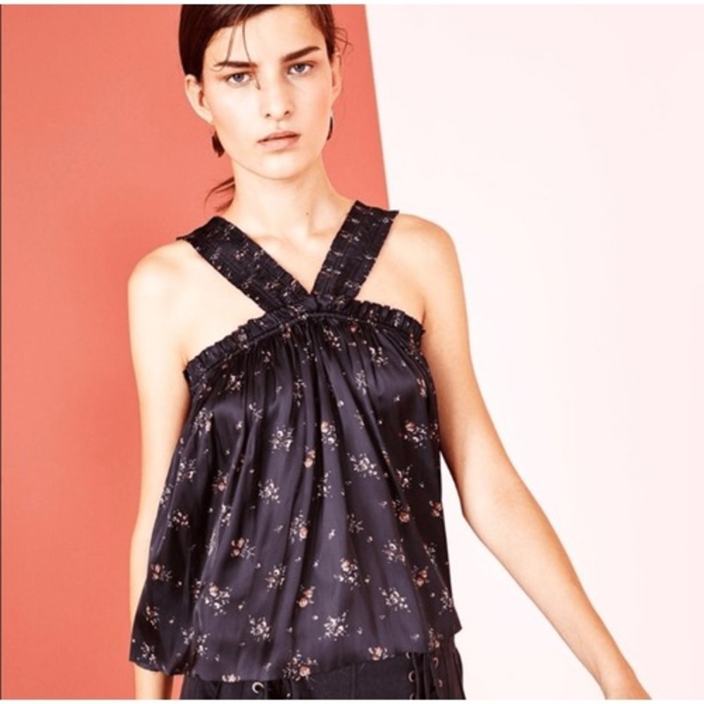 Ulla Johnson Margot Blouse Womens 2 Black Floral Smocked Halter Boho Cottagecore - Picture 12 of 12